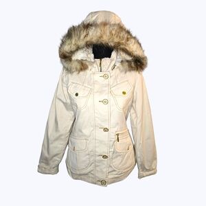 Y2k Deadstock Cute Cream Faux Fur Hooded Jacket!!